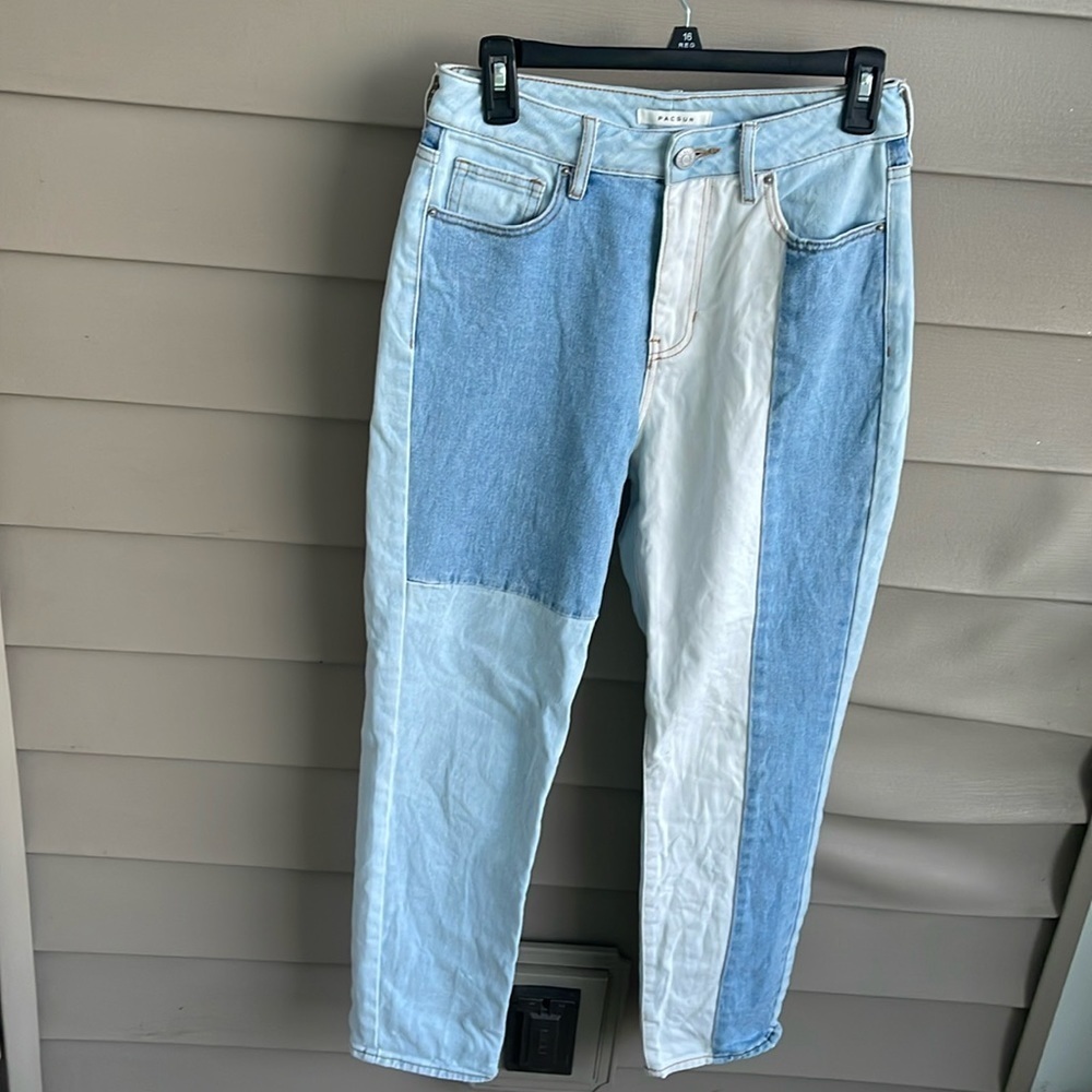 Pacsun Mom Jeans Size 26 Patchwork Denim High‎ Rise 90s Pockets 100% Cotton Blue